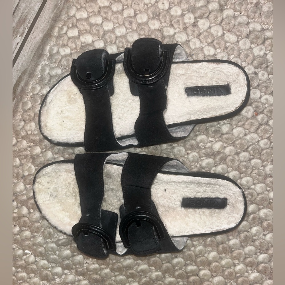 VINCE Shearling Colorblock Pattern Slides - Picture 2 of 7